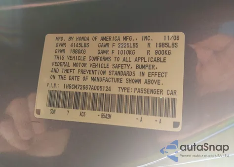 2007 Honda Accord 2.4 Ex from USA, damaged, VIN 1HGCM72667A005124